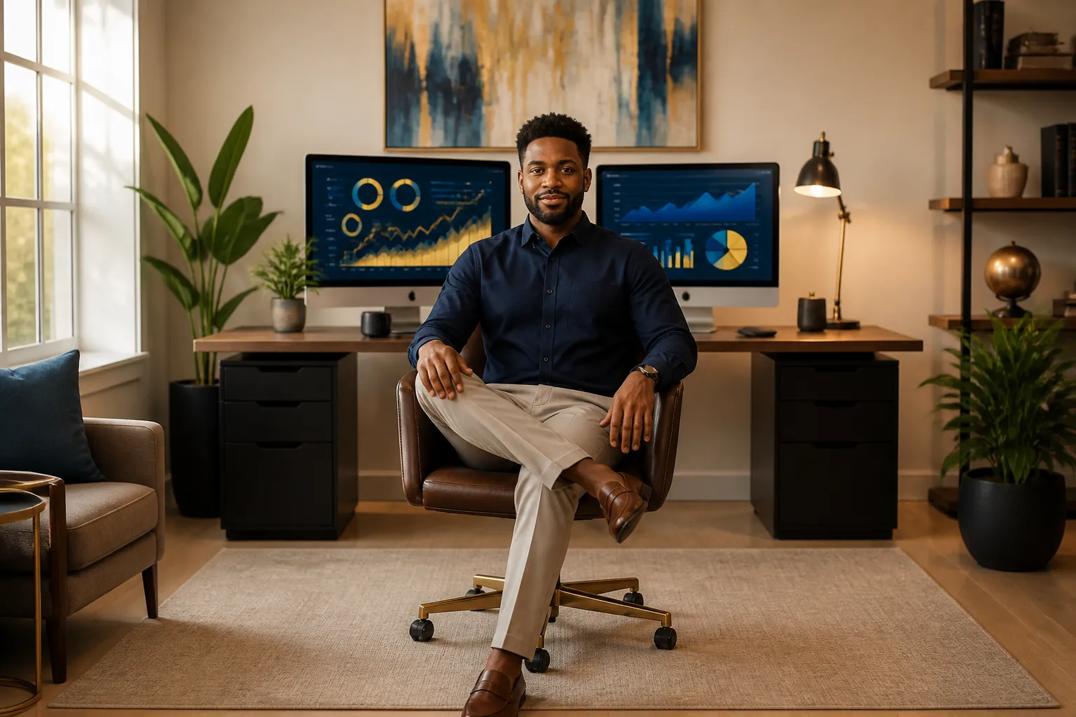 Entrepreneur using Aexvora AI marketing platform at a modern workspace